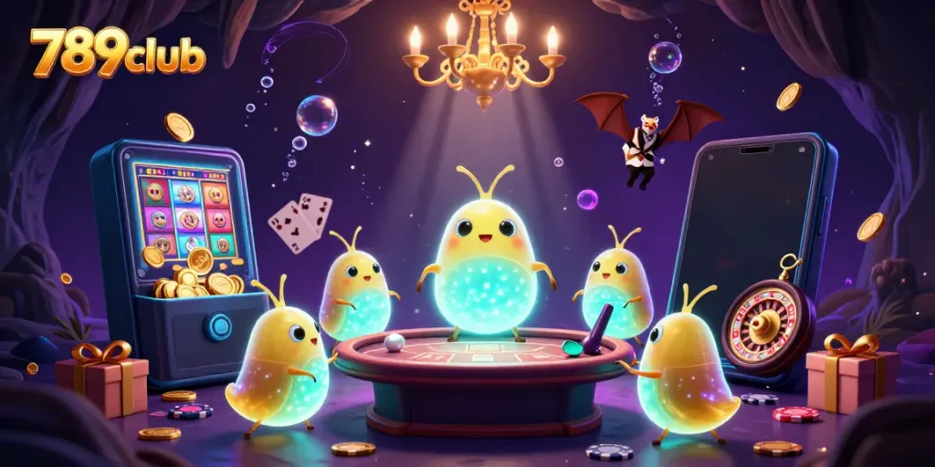 Play at 789club and enjoy a vibrant 3D casino scene lit by glowworms and featuring exciting slot games.