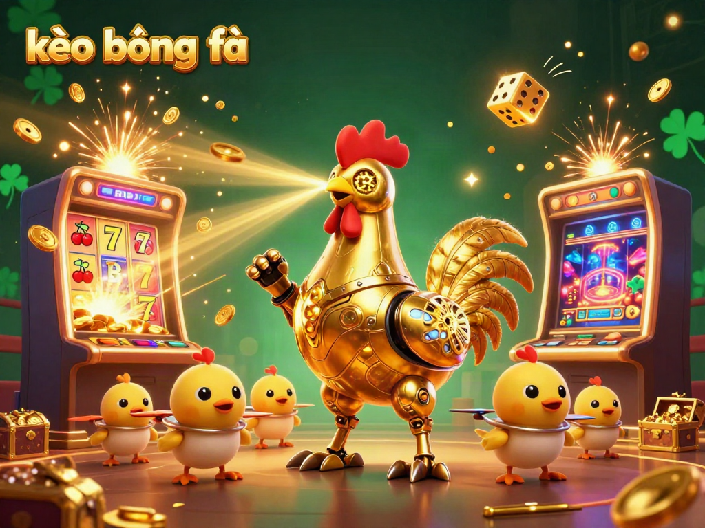 Experience kèo bóng đá with our dynamic casino scene featuring a golden rooster robot and floating game elements.