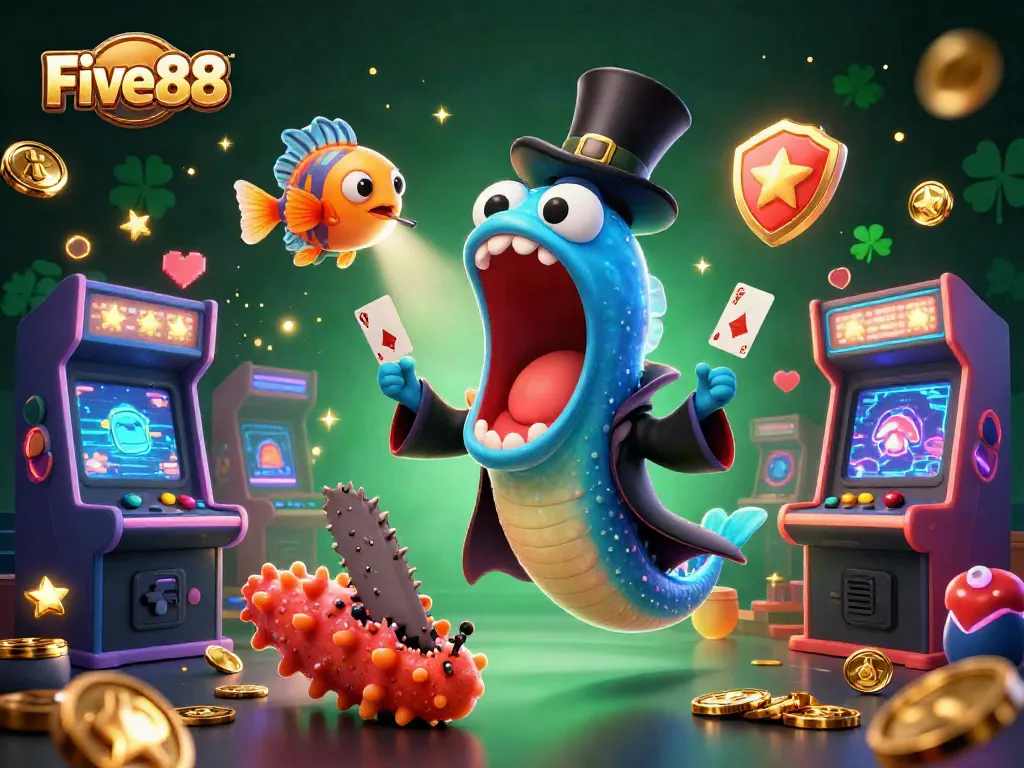Five88's engaging casino experience comes to life with energetic sea creatures performing magic tricks amid glowing gaming elements.