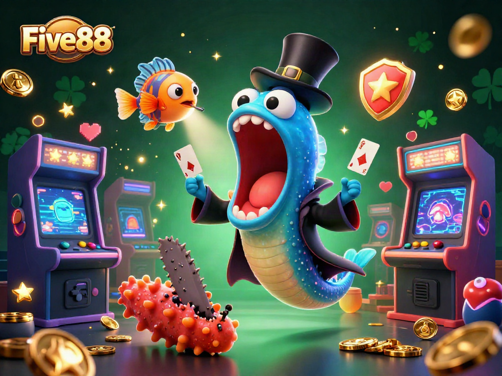 Five88's engaging casino experience comes to life with energetic sea creatures performing magic tricks amid glowing gaming elements.