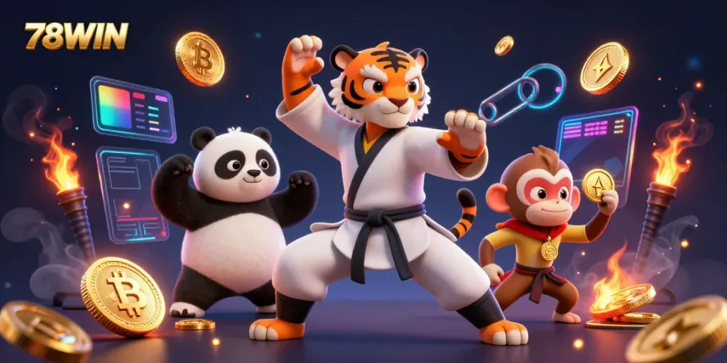 Engage in the ultimate gaming adventure with 78WIN featuring vibrant characters and crypto gaming elements.