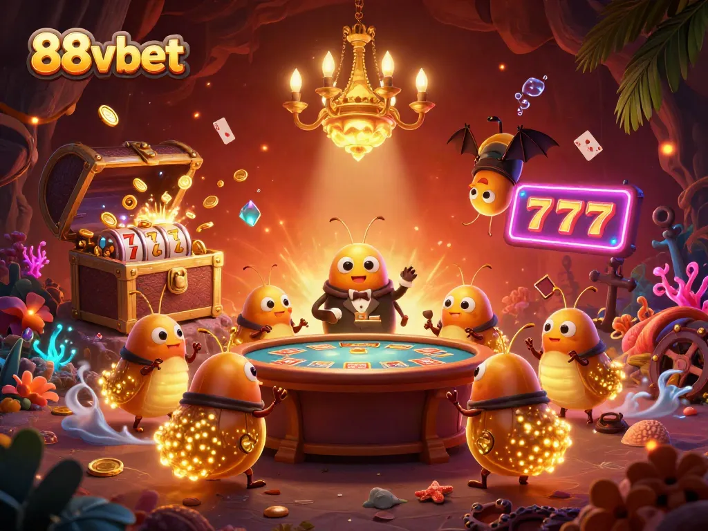 Experience vibrant gaming thrills at 88vbet with glowworms illuminating a whimsical casino scene.