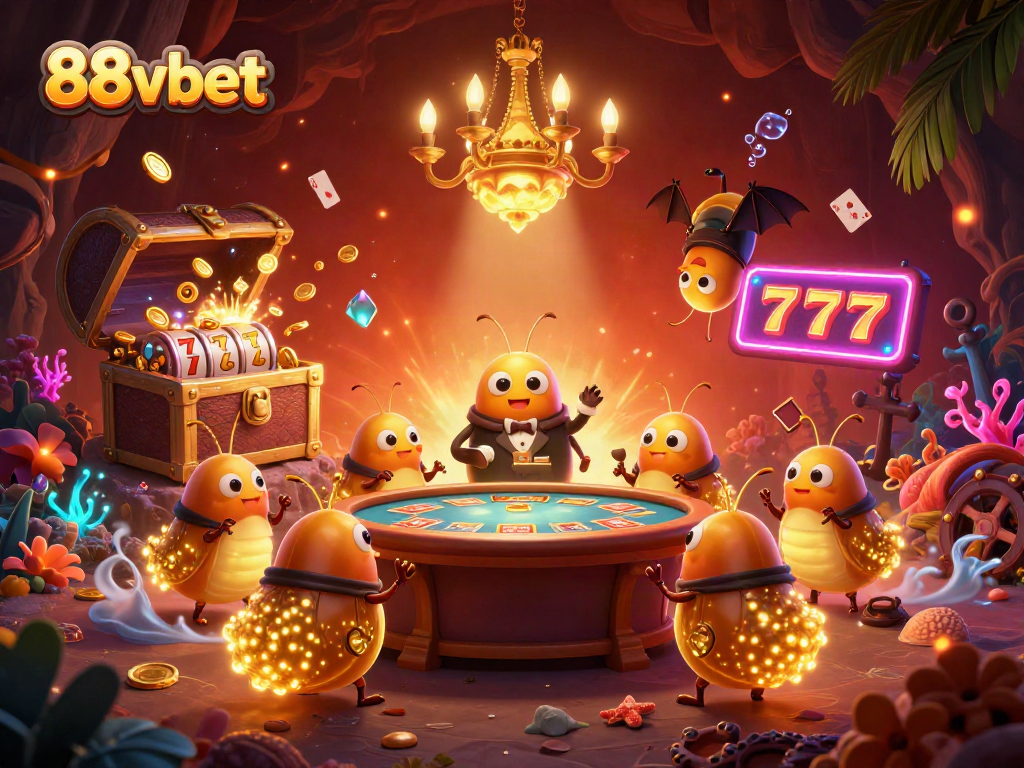 Experience vibrant gaming thrills at 88vbet with glowworms illuminating a whimsical casino scene.