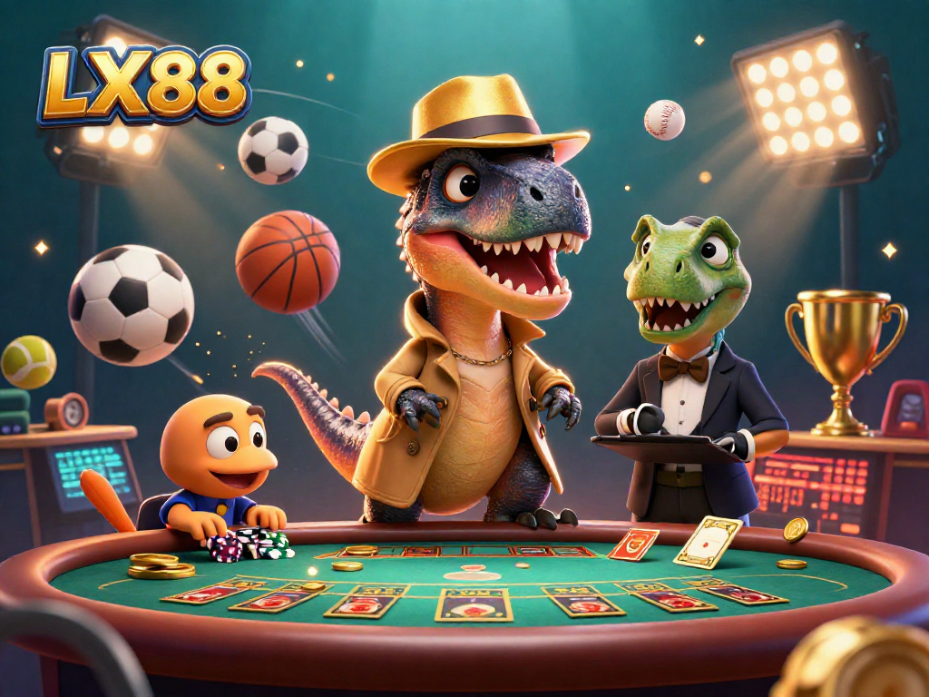 Experience action at LX88 with a velociraptor card counter amid lively games and dynamic sports elements.