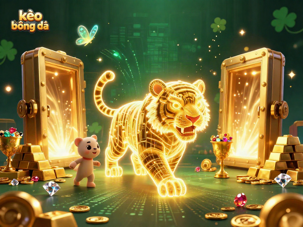 Witness the power of kèo bóng đá with a golden tiger and digital casino elements capturing excitement.