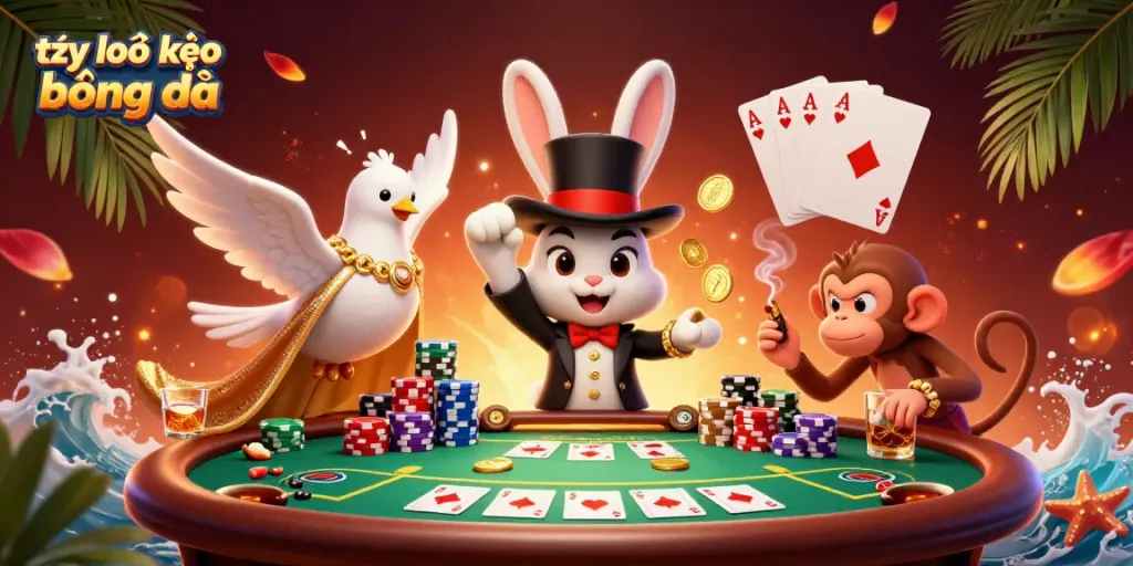 Catching the thrill with tỷ lệ kèo bóng đá, playful scenes of poker excitement featuring a magician rabbit and monkey stealing chips.