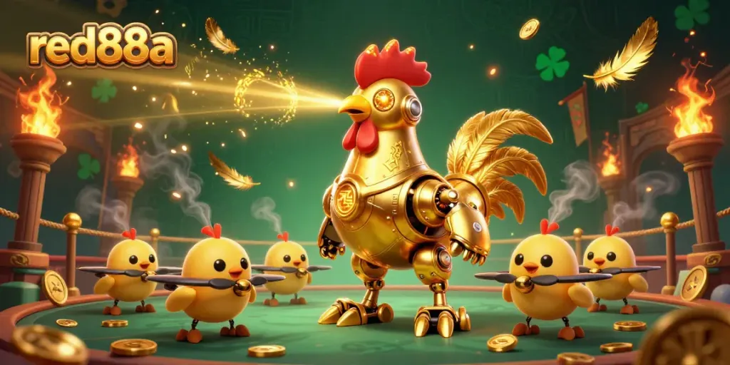 Bet big on your luck with red88a in a dynamic gambling scene featuring a golden robot and chick drones.