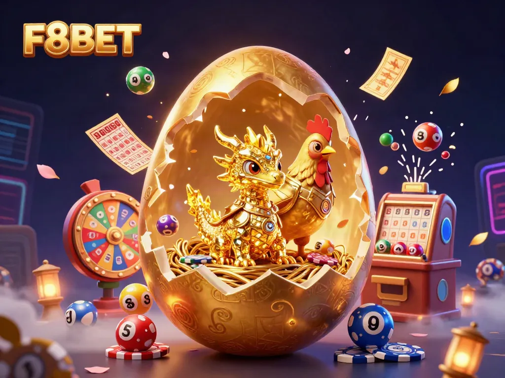 Join the excitement with F8BET in this vibrant 3D illustration featuring a majestic golden dragon amidst dynamic casino elements.