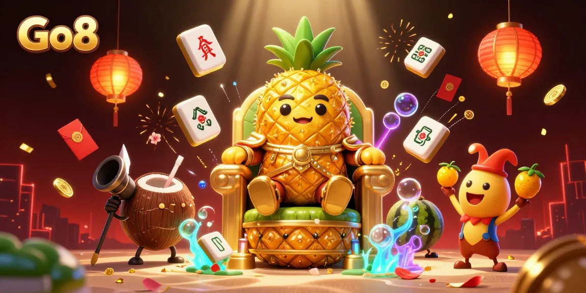 Experience Go8's exciting gaming atmosphere with a golden pineapple king reigning in a colorful casino scene.