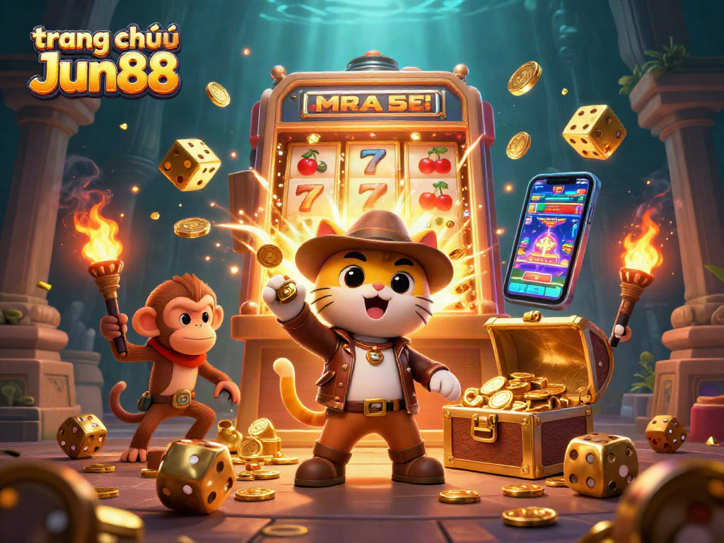 Experience the thrill on trang chủ Jun88 with a cartoon cat archaeologist uncovering a casino treasure trove.