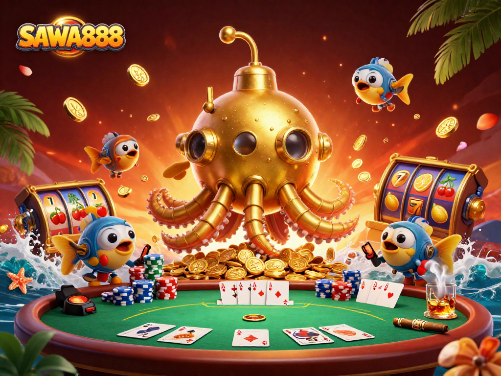 Engage with the vibrant gameplay of SAWA888's thrilling casino scene featuring a golden kraken amidst animated slot reels.