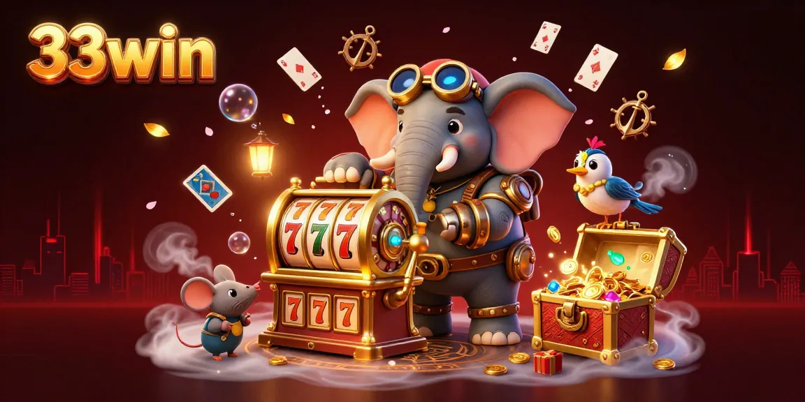 33win showcases a lively 3D steampunk scene with slot machines and vibrant game elements.