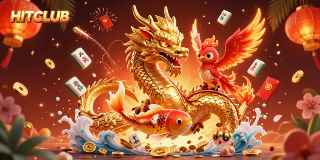 Experience the thrill of HITCLUB with a vibrant 3D illustration of a golden dragon, phoenix, and koi fish.