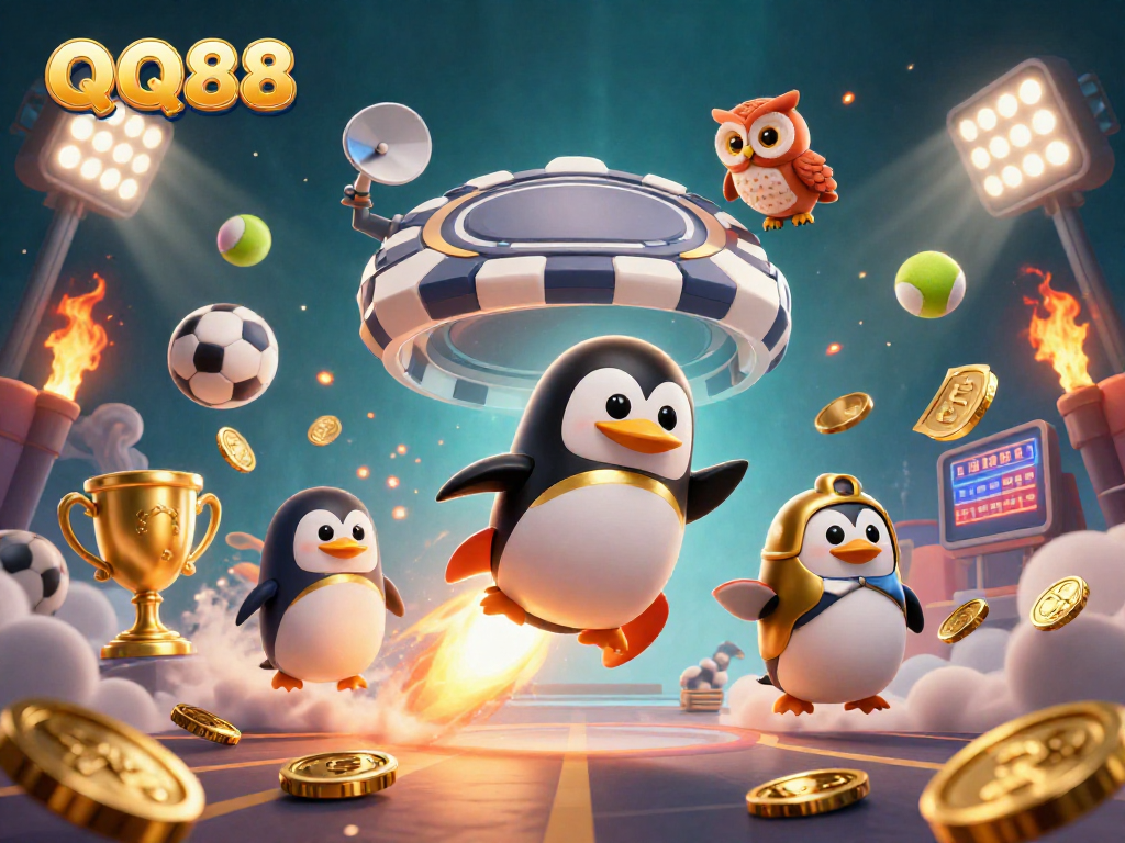 Experience the excitement of QQ88 as the golden penguin journeys through a dynamic casino universe.