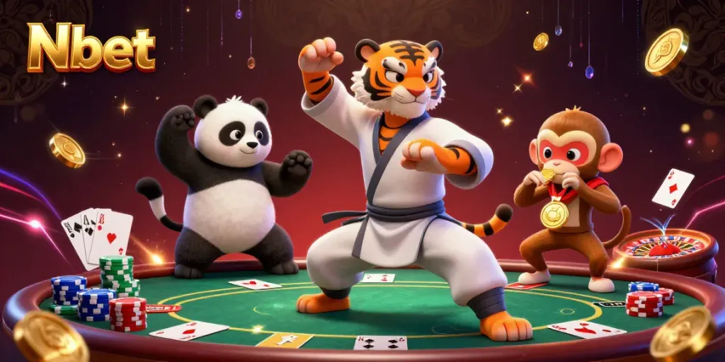 Nbet showcases an exciting online casino scene featuring a kung fu tiger, panda, and playful monkey among vibrant gaming elements.