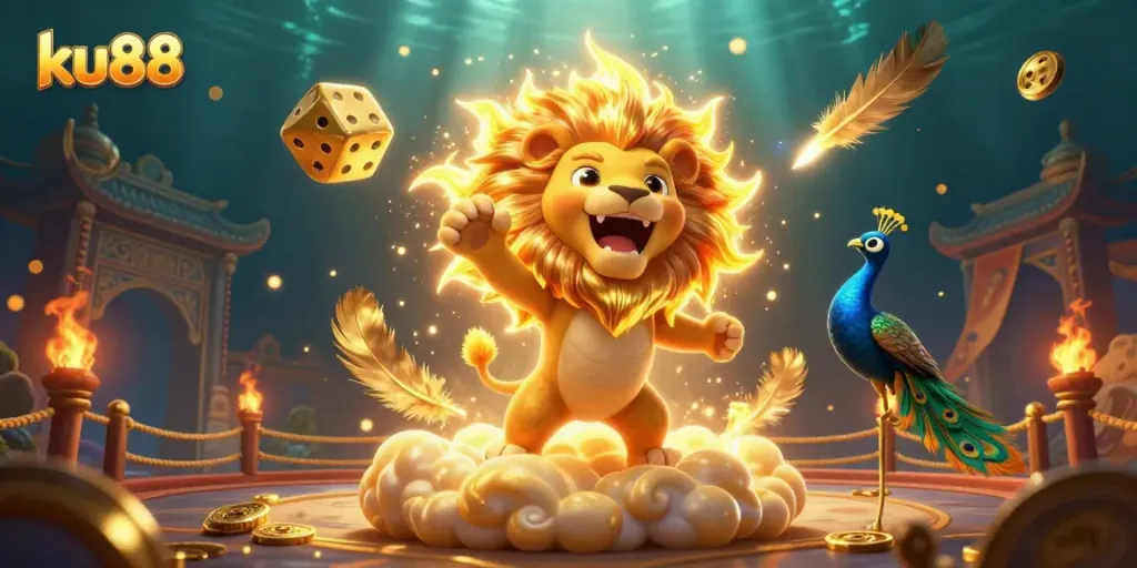 Engage with ku88's vibrant casino games, featuring a roaring sun lion amidst dynamic gaming elements.