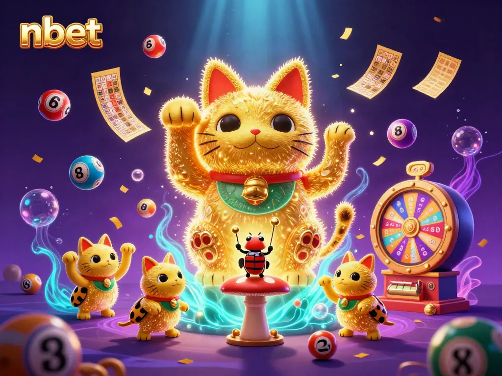Experience the festive atmosphere of nbet with a dazzling lucky cat made from fireflies amidst vibrant casino elements.