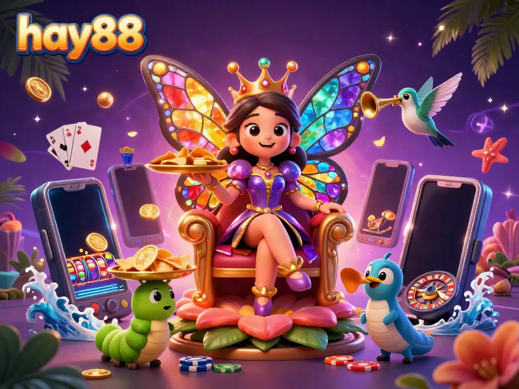 Experience excitement at hay88 with vibrant 3D casino elements, including games and chips.