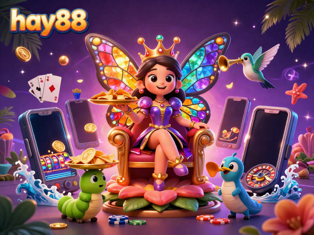 Experience excitement at hay88 with vibrant 3D casino elements, including games and chips.