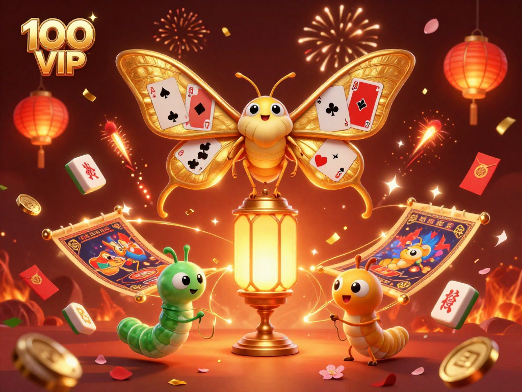 Engage with 100 VIP’s lively casino atmosphere featuring golden moths and festive elements of luck.