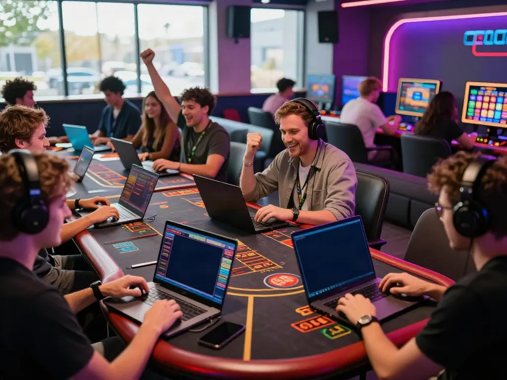 Engaged players at https://zbet.cymru/ enjoying online gaming in a modern lounge atmosphere.