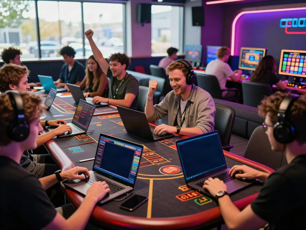 Engaged players at https://zbet.cymru/ enjoying online gaming in a modern lounge atmosphere.