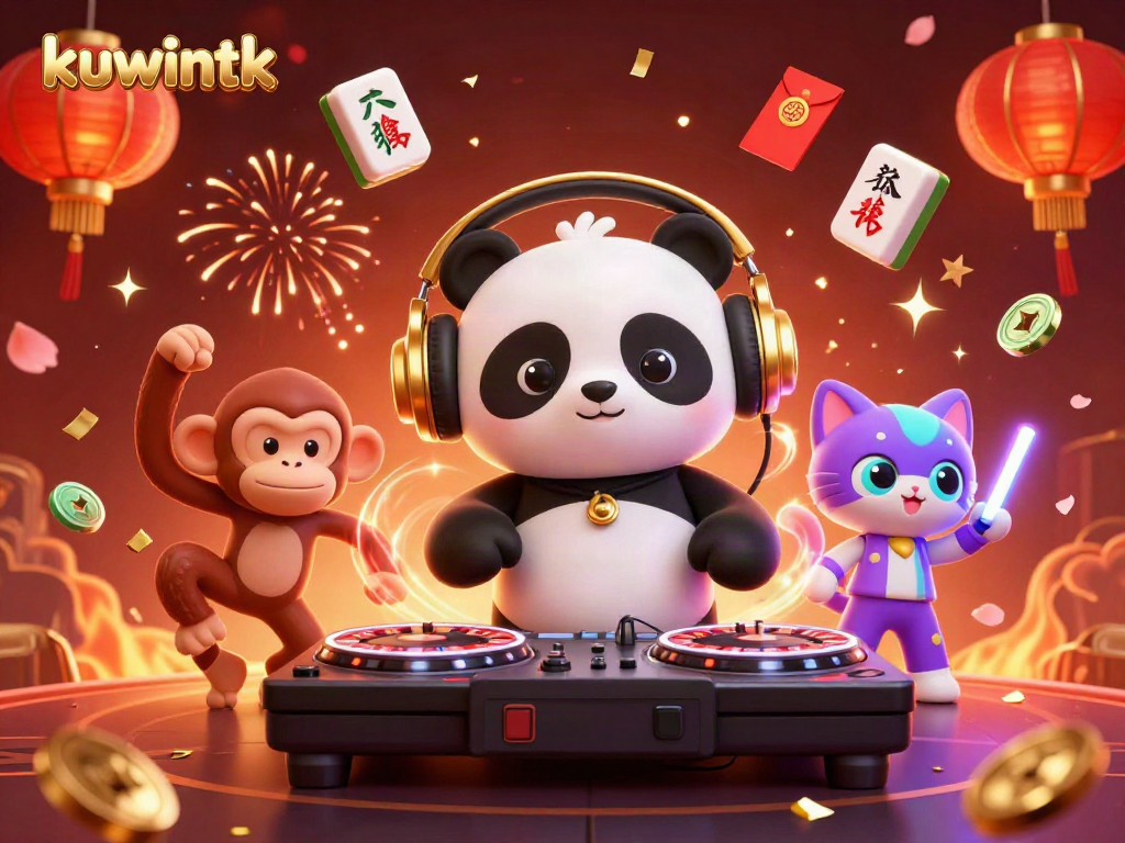 Experience thrilling play at kuwintk with a vibrant 3D party scene featuring dynamic casino elements.