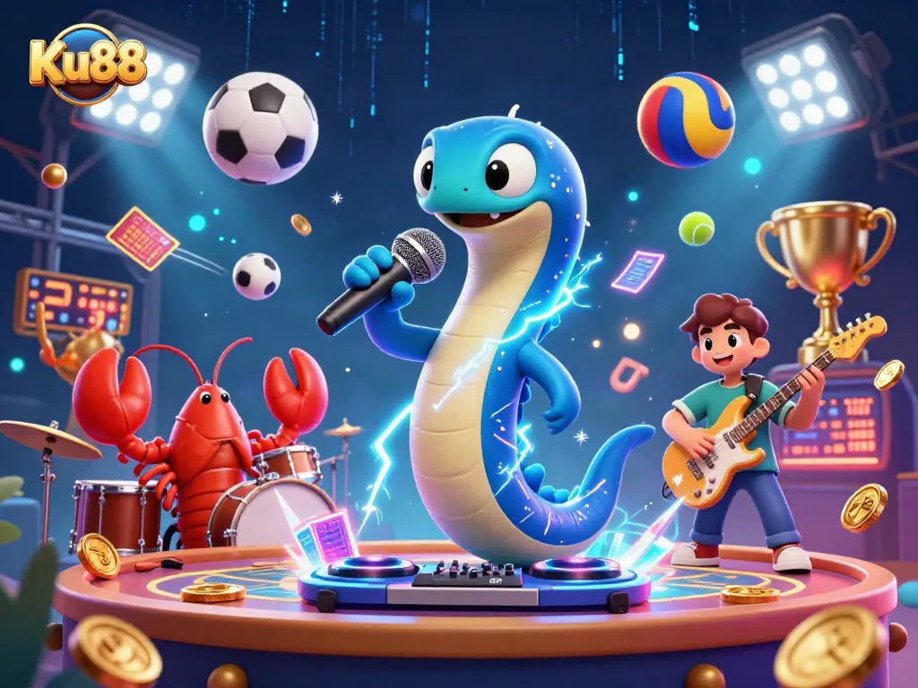 Bet on thrilling games at Ku88, featuring an electric eel DJ and vibrant underwater casino.