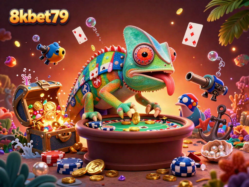 Experience the vibrant world of 8xbet79 with a colorful chameleon casino owner amidst treasure and games.