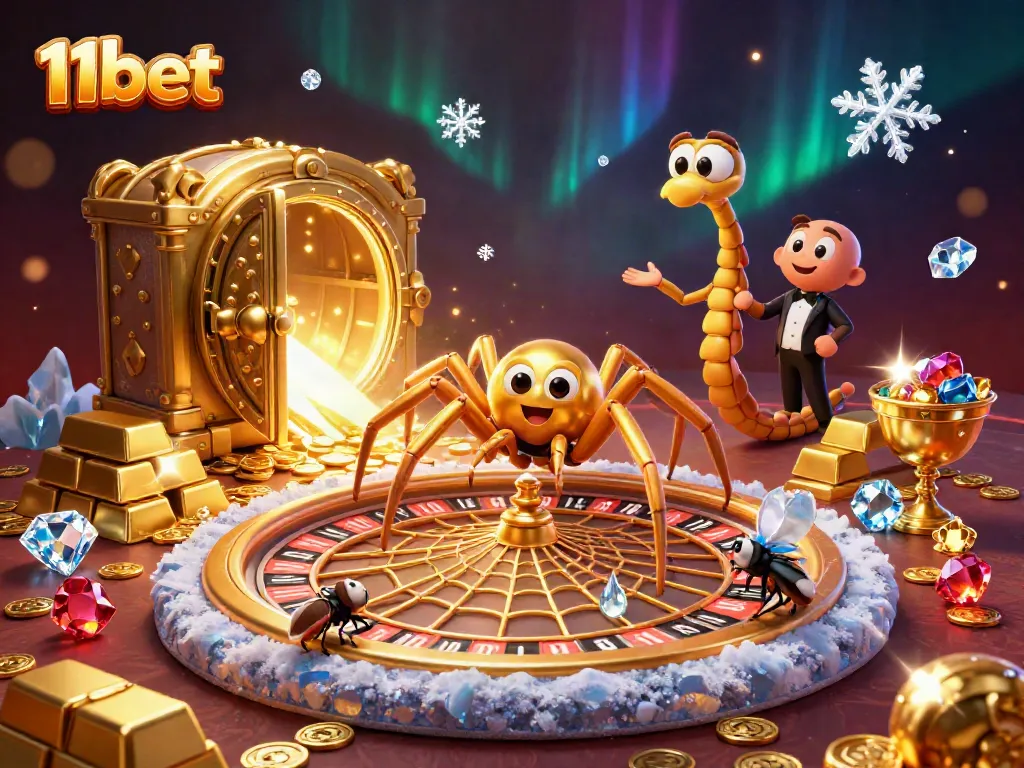 Engage in thrilling bets at 11bet with a golden spider spinning roulette wheels in a rich casino scene.