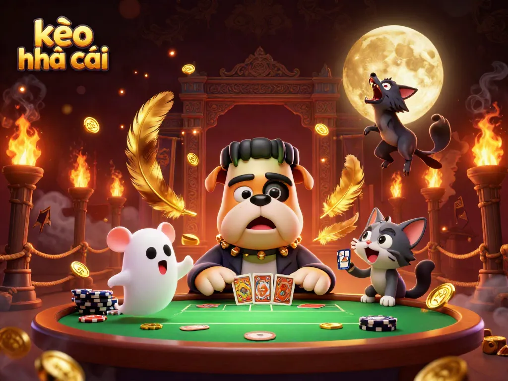 Engaging kèo nhà cái themed illustration showing a Frankenstein bulldog monster dealing cards, with a ghost mouse and a werewolf kitten in a dynamic casino setting.