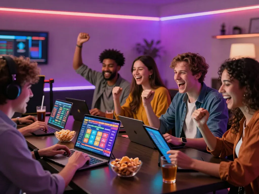 A lively gaming scene showcasing friends enjoying an online casino experience at trang chủ da88, emphasizing excitement and community in entertainment.