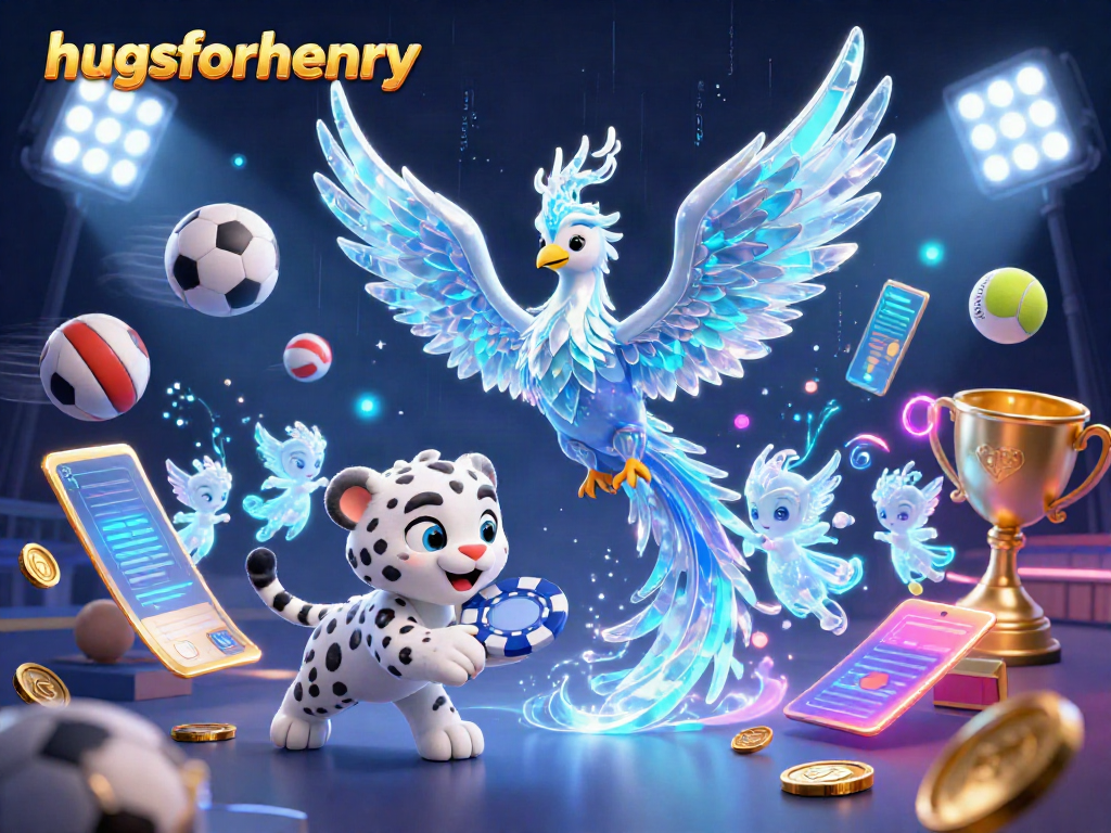 The ice phoenix and snow leopard cub celebrate hugsforhenry with vibrant casino games, trophies, and sports balls.