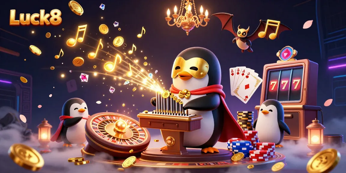 Luck8 penguin playing organ amidst coins, cards, and casino excitement in a vibrant 3D scene.