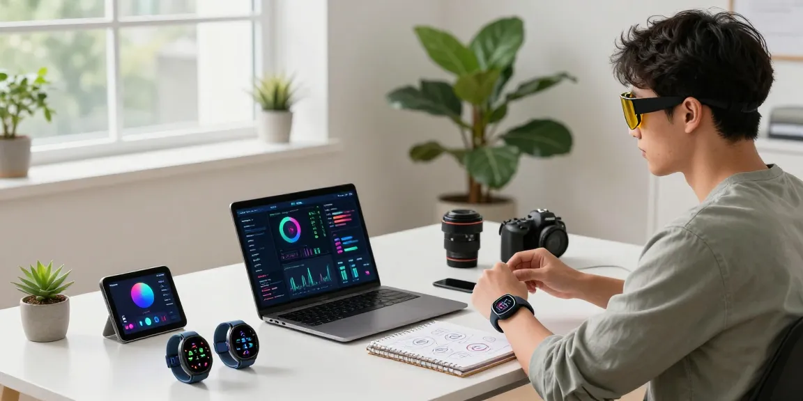 AI wearables showcased in a modern workspace with health metrics visible on screens, enhancing tech productivity.