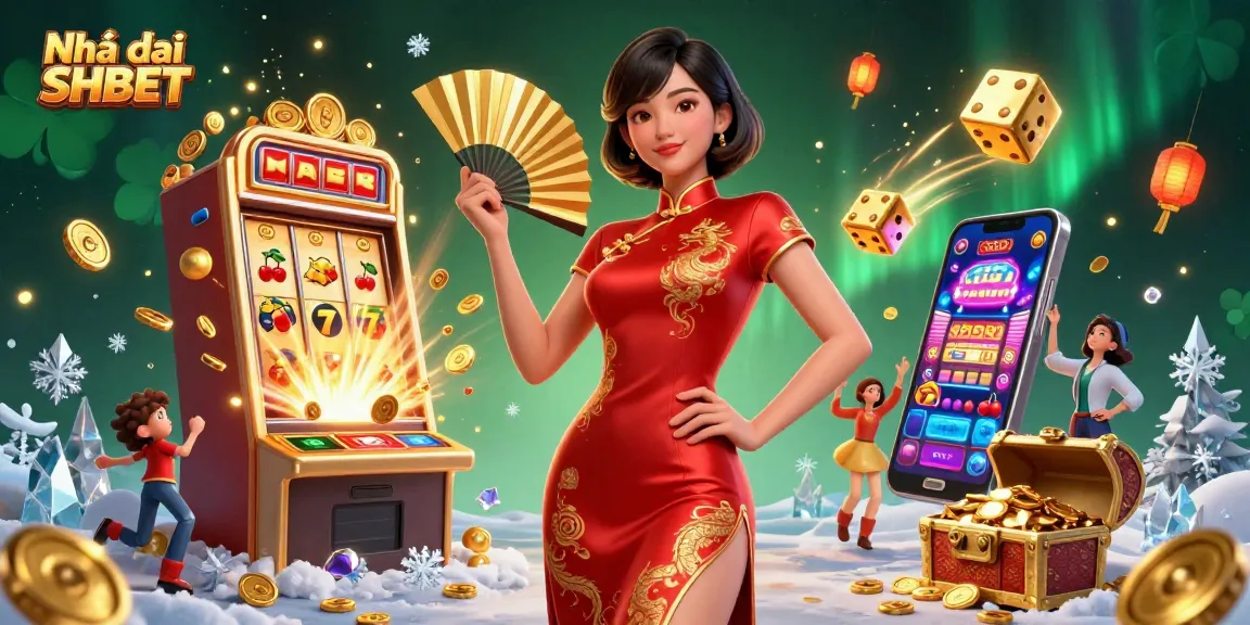 Immerse in winning experiences at Nhà cái SHBET with a vibrant casino-themed illustration showcasing dynamic games and joyful celebration.