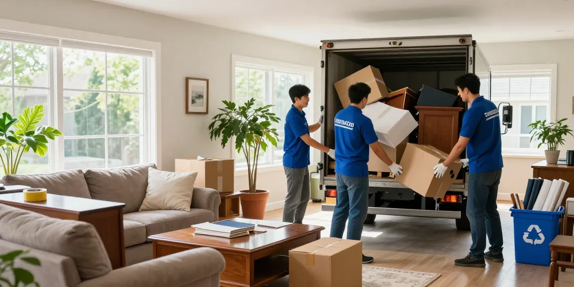 House clearance London team efficiently removing clutter and furniture in a bright living room during a professional service.