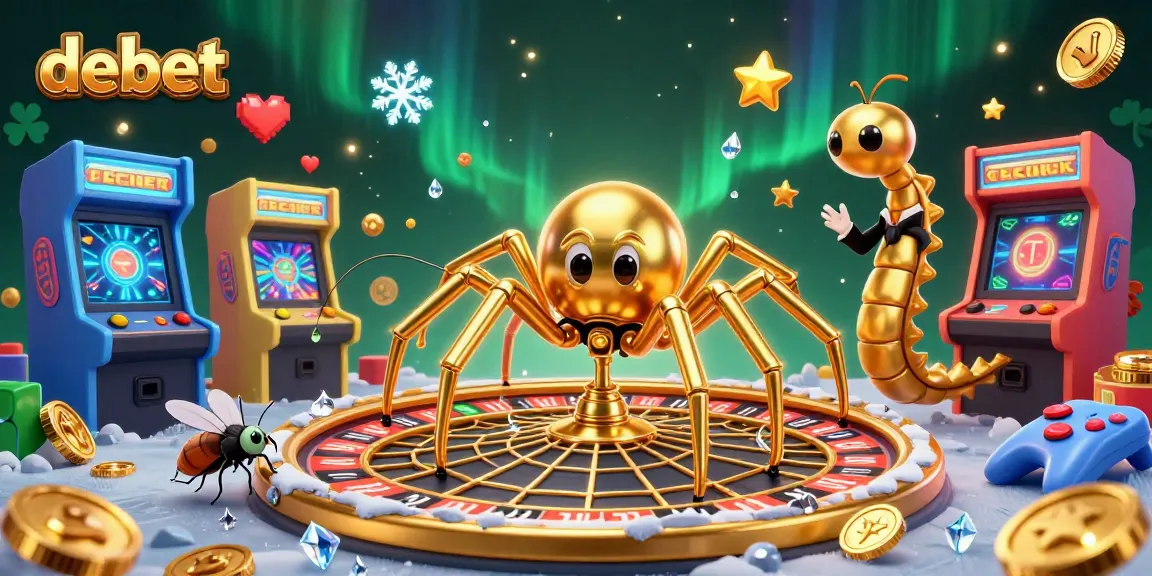 Experience thrilling casino action with debet, featuring a roulette wheel and a golden spider in a colorful gaming scene.