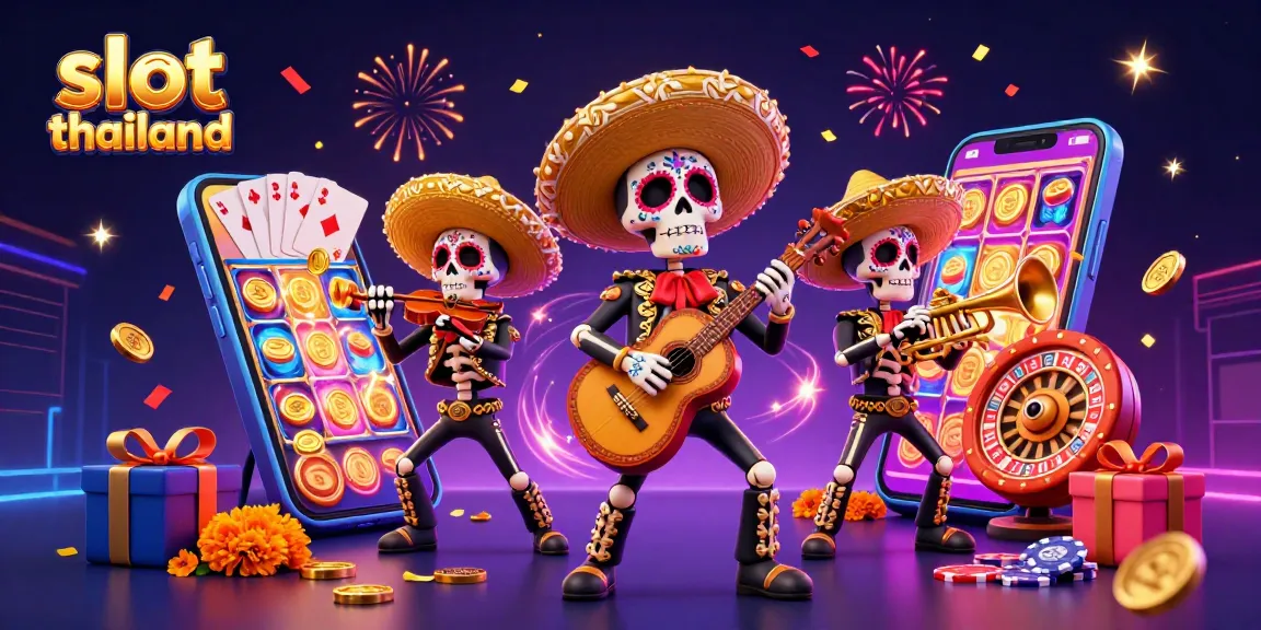 Experience the vibrant slot thailand universe with energetic mariachi characters, coins, and slot games.