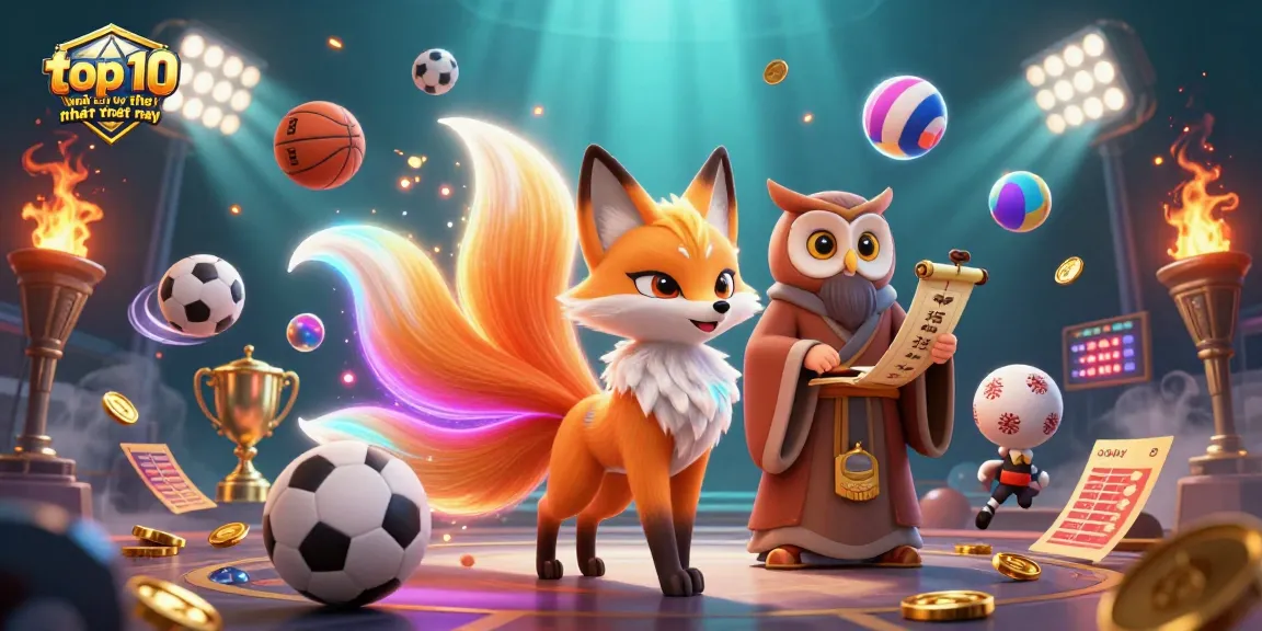 Celebrate top 10 nhà cái uy tín nhất hiện nay with dynamic gaming spirits and sports elements in this vibrant illustration.