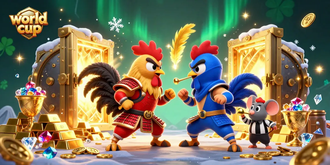 Bet on the world cup with dynamic roosters in an exciting gambling scene featuring gold treasures.