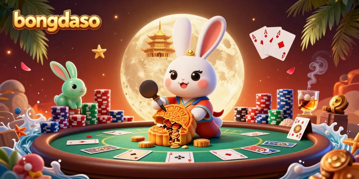 Players enjoy bongdaso atmosphere with a mythical rabbit pounding mooncakes revealing poker chips.