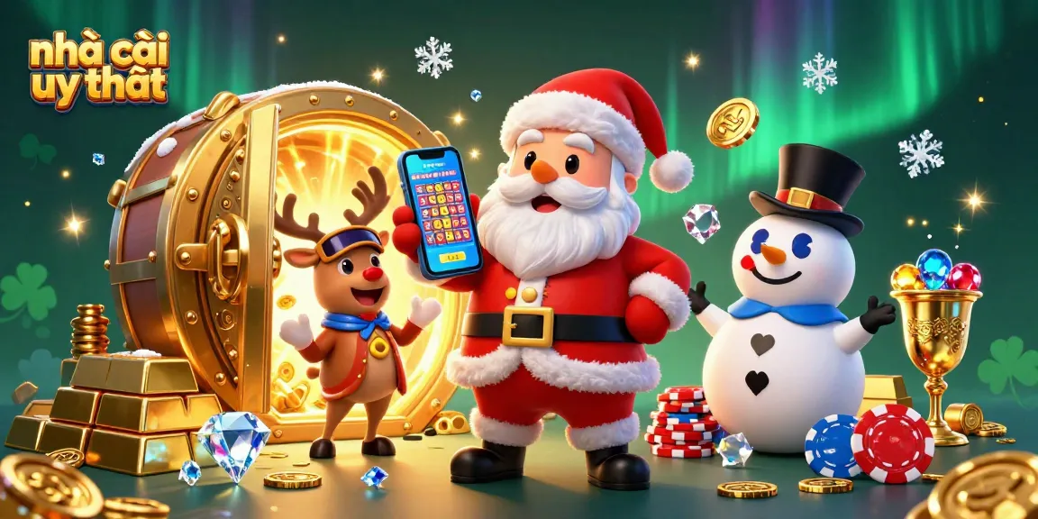 Experience excitement with nhà cái uy tín in a vibrant casino scene featuring Santa and friends.