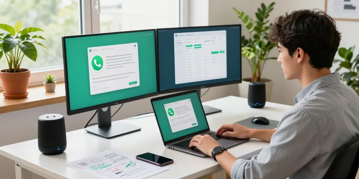 Efficient workspace featuring WhatsApp下載 interface on dual monitors with a young professional working.