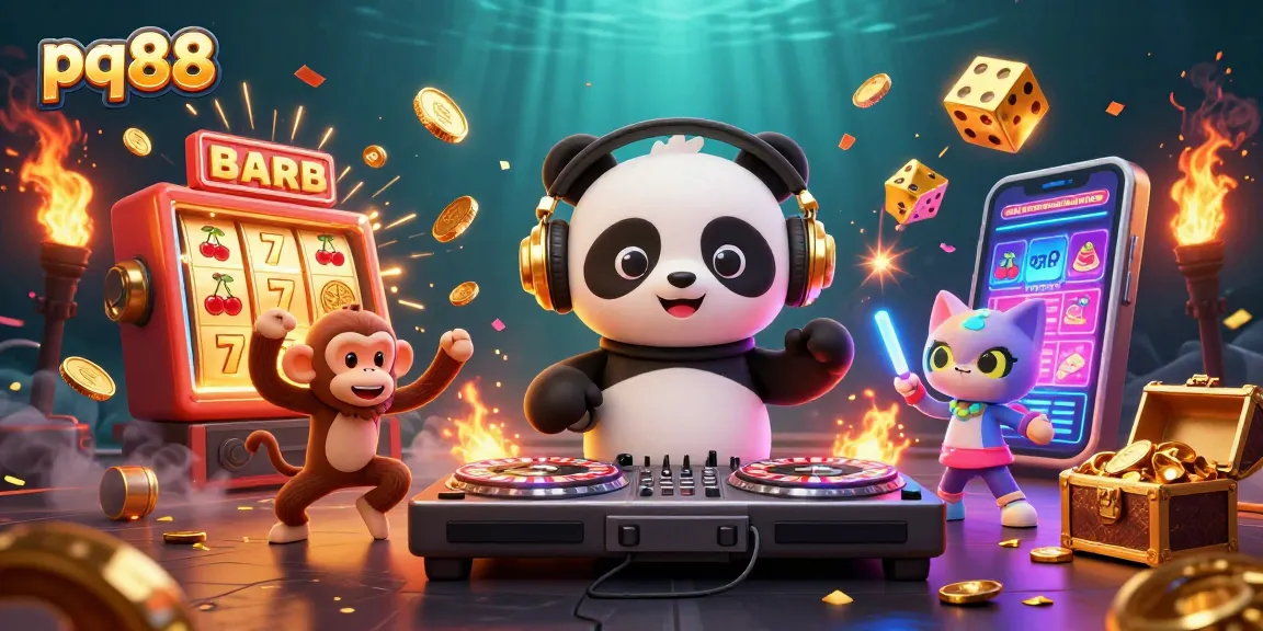 Engage with pq88's vibrant casino experience through an energetic 3D illustration featuring dynamic gaming elements.