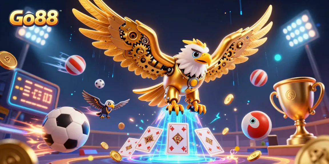 Go88 promotes exciting gameplay with cybernetic golden eagle, dynamic sports elements, and vibrant casino visuals.