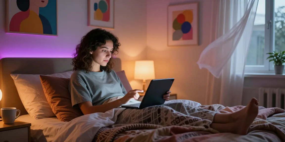 User engaging in ai nsfw chat with a digital companion in a cozy bedroom setting, glowing ambient lighting, and personal elements.