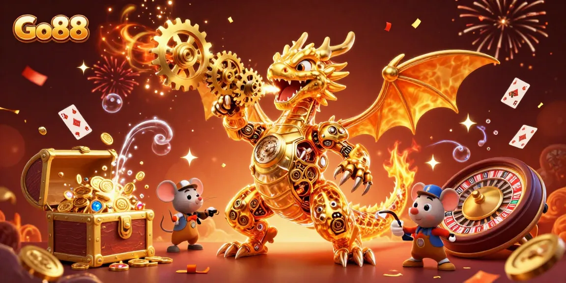 Experience thrilling moments at Go88 with a golden dragon and vibrant casino elements surrounded by confetti and fireworks.