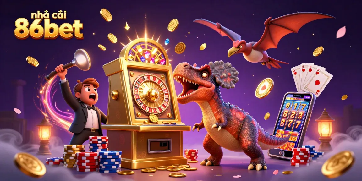 Engaging scene of nhà cái 86bet with cartoon dinosaurs headbutting a slot machine amidst flying coins and casino elements.