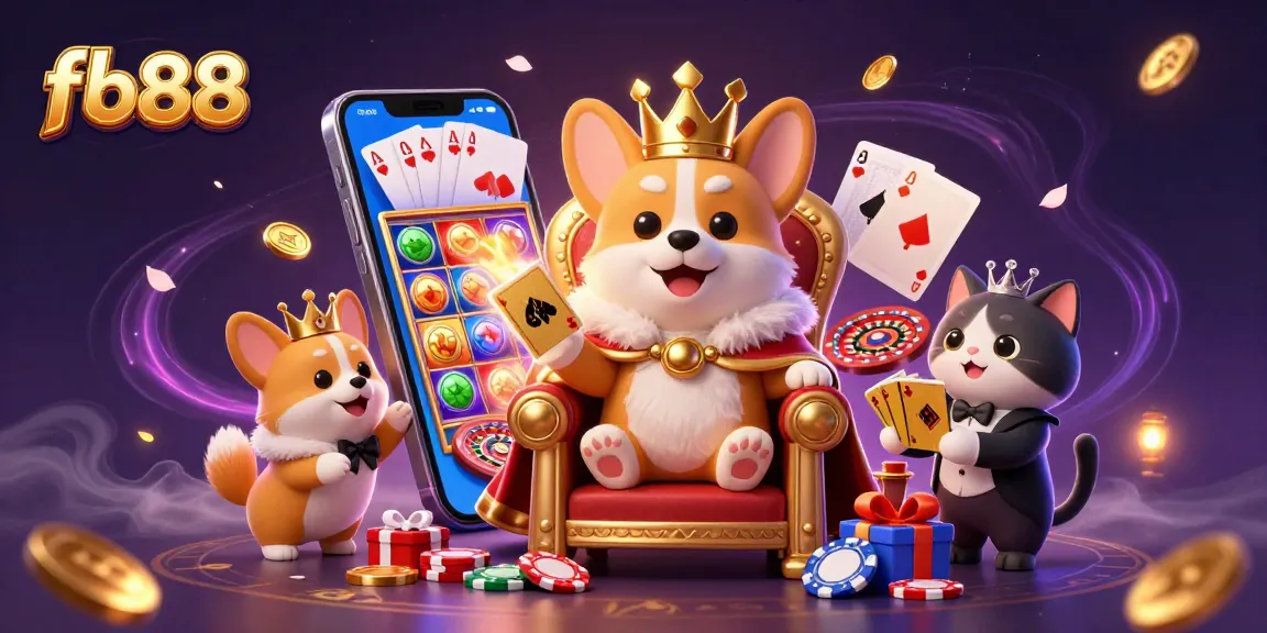 Experience the excitement at fb88 with a 3D royal corgi surrounded by casino elements.